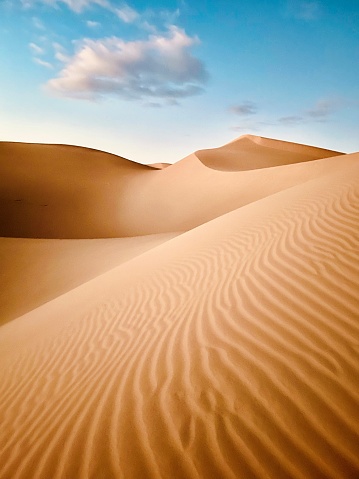 A scenic sandy dune situated in an arid desert landscape, with a backdrop of dry, rolling hills