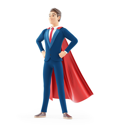 3d cartoon businessman standing with red cape, illustration isolated on white background