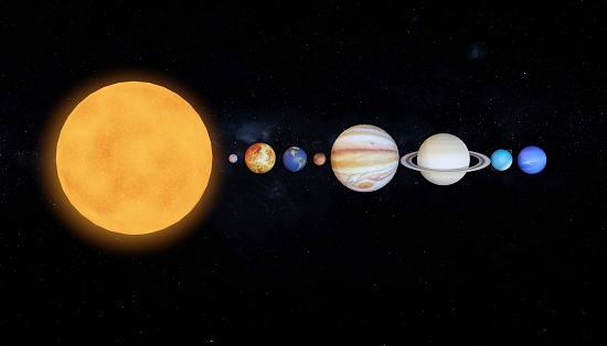 The 8 Planets and the sun in Milky way or our Solar System in Order of Size 3d rendering