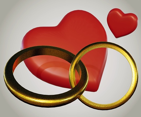 two golden rings are connected with two red hearts in background 3d rendering