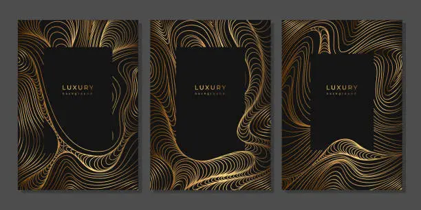 Vector illustration of Set of luxury templates with golden wavy linear pattern