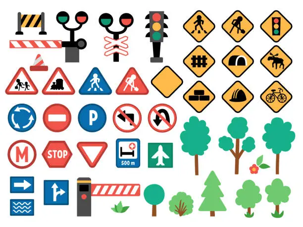 Vector illustration of Vector road signs set. Railway and traffic street icons collection with barrier, semaphore, construction works cone. Cute highway rules clipart with trees, traffic lights