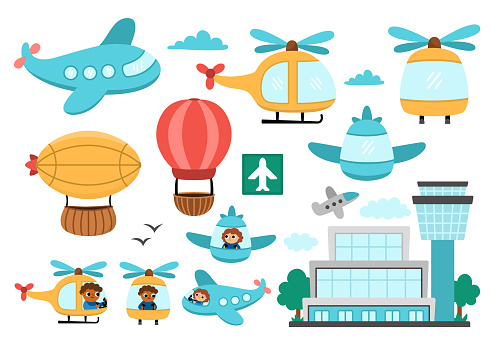 Vector air transport set. Funny transportation collection with plane, zeppelin, helicopter, hot air balloon, clouds, airport clip art for kids. Cute airborne vehicles icons with front and side view