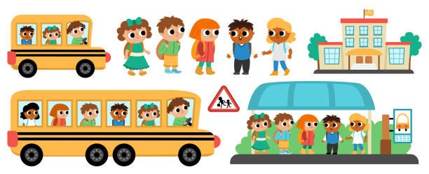 illustrations, cliparts, dessins animés et icônes de ensemble de transport vectoriel avec des enfants. drôle de collection de cliparts de bus scolaire avec chauffeur, petits écoliers, arrêt de bus, bâtiment pour les enfants. de jolis garçons et filles attendent un autobus scolaire - bus child waiting education