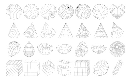 A set of frame geometric shapes. Surface grid and sphere ball, cubes, cones, hemispheres, heart. Retro futuristic grids, 3D mesh objects. Isolated Vector Graphic elements inspired by cyberpunk style