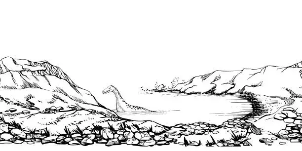 Vector illustration of Ink hand drawn vector sketch. Seamless border. Scotland scenic landscape with lake, hills, mountains, rock wall, ancient Loch Ness monster. Design for tourism, travel, brochure, wedding, guide, print.