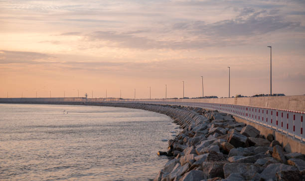 Bay in the seaport. Bay in the seaport. The shore is paved with large stones. Swans floating on the water. Sunset. Europe, Baltic Sea groyne stock pictures, royalty-free photos & images