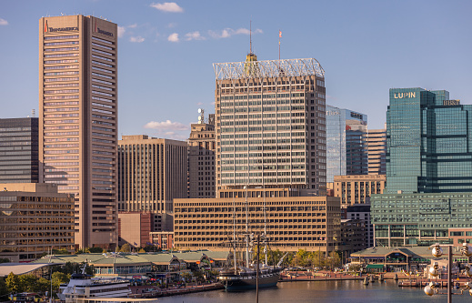 Baltimore, Maryland - October 04, 2019: View of Inner Harbor and Downtown Skyline Aerial in Baltimore, MD