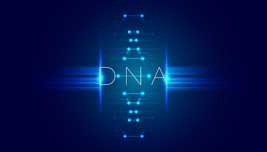 Abstract dna circuit board concept artificial intelligence dna editing helix on blue background futuristic modern high tech