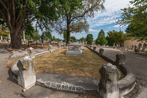 Baltimore, Maryland - October 02, 2019: The grave of Junius Brutus Booth, the father of John Wilkes Booth at Green Mount Cemetery in Baltimore, MD. The son rests in the same plot.