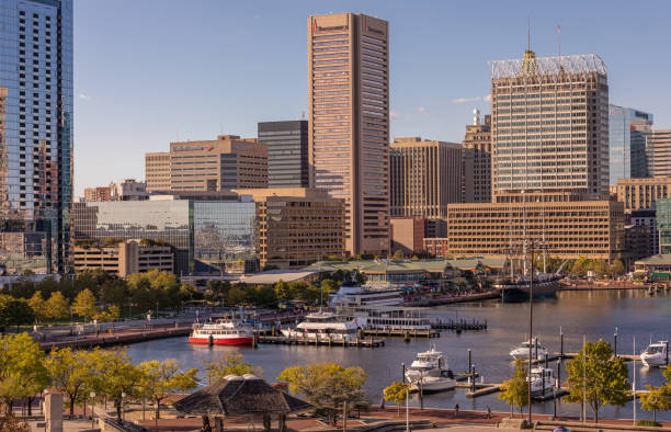 Baltimore, Maryland - October 04, 2019: View of Inner Harbor and Downtown Skyline Aerial in Baltimore, MD