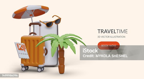 istock Travel agency advertising for social networks. Poster with red jump button 1499986096