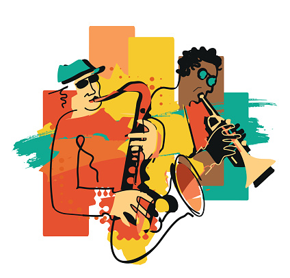 Expressive Illustration of two jazz musicians, continuous line drawing design. Isolated on white background. Vector available.