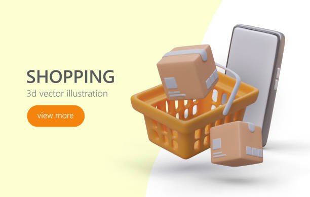 ilustrações de stock, clip art, desenhos animados e ícones de all purchases in one basket. vector concept of online shopping - laptop retail e commerce store
