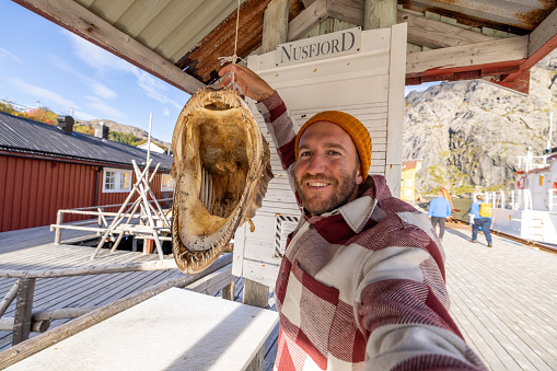 A view of dried monkfish heads in authentic wooden fisherman house in Northern Norway, Scandinavia