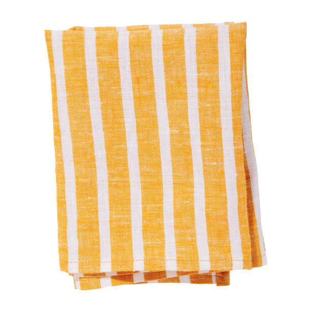 istock Yellow color folded cotton striped napkin isolated. Kitchen towel top view. Element for design 1499989462