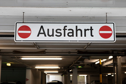 Exit to a parking garage under a modern apartment block in Cologne, Germany