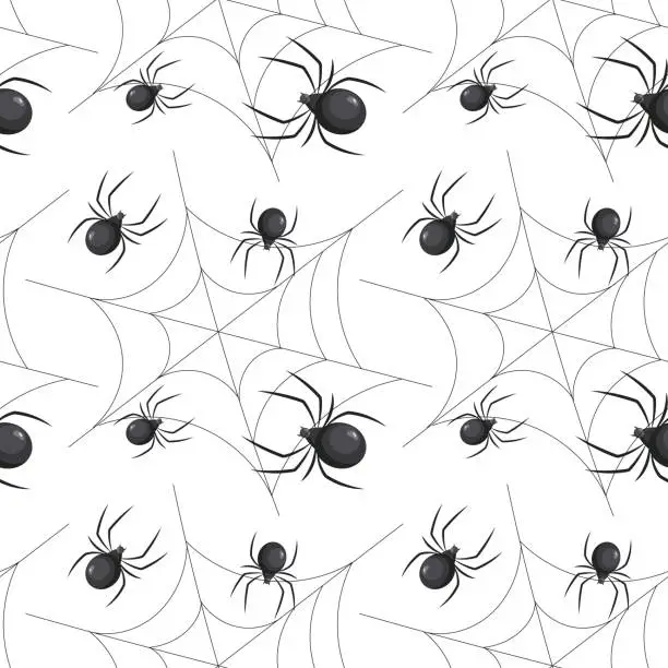 Vector illustration of Seamless pattern, spiders in the web. Insects on a white background. Illustration, background