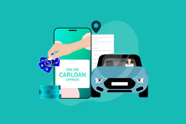 Vector illustration of Happy woman with approved car loan and new modern auto