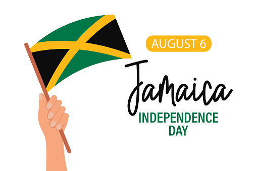 Jamaica Independence Day. A hand with the flag of Jamaica. Jamaica Independence Day banner. Illustration, poster, vector