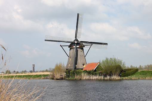 One of the 19 windmills at Kinderdijk in the Netherlands. Built about 1740, this is the largest concentration of windmills in the Netherlands, a UNESCO world heritage site.