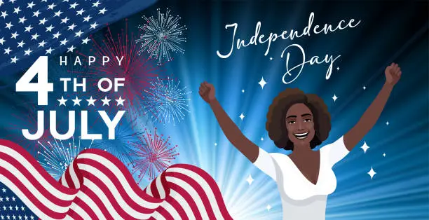 Vector illustration of Happy African American Woman Celebrating Fourth of July. US national holiday. Independence Day.