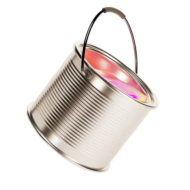 Tilted paint tin container with colorful paint inside, with a handle. 3d render on a transparent background
