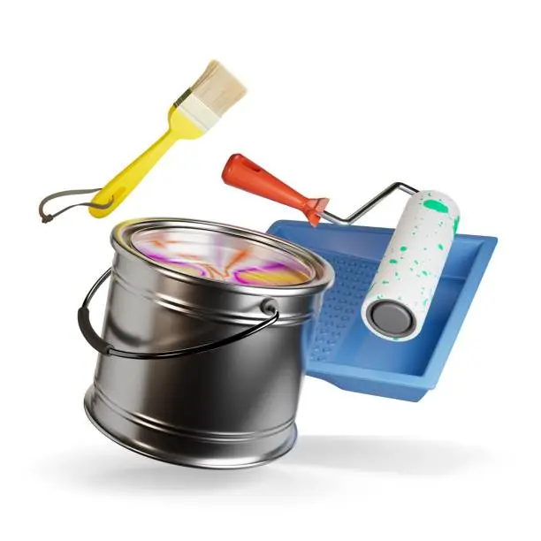 Home improvement tools. Paint bucket, paint roller and brush with a tray. Decorating supplies 3D illustration