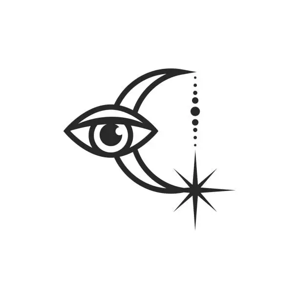 Vector illustration of Moon and all-seeing eye line art element isolated. Esoteric composition of vector elements, Graphic design tattoo