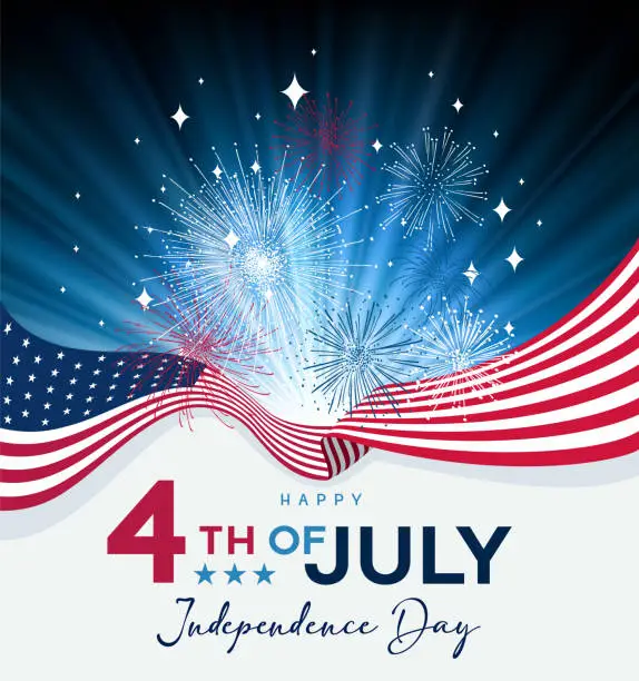 Vector illustration of American flag. Happy Independence Day. Colorful fireworks. Fourth of July.