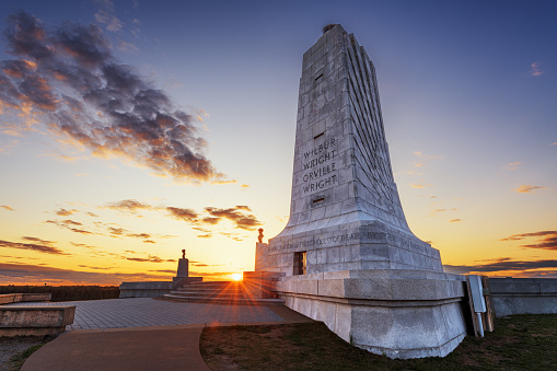 Kill Devil Hills, North Carolina, USA - May 5, 2023: The Wrights Brothers National Memorial at sunset. It commemorates the brothers first flight on December 17, 1903.