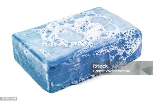 Piece Of Blue Soap With Sud On White Stock Photo - Download Image Now - Bar Of Soap, Blue, Bathroom