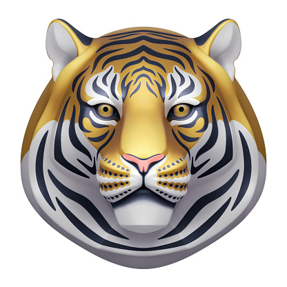 An artistic 3D-sculpture of a tiger's head with a metal shader. 3D rendering graphics isolated on a white  background.