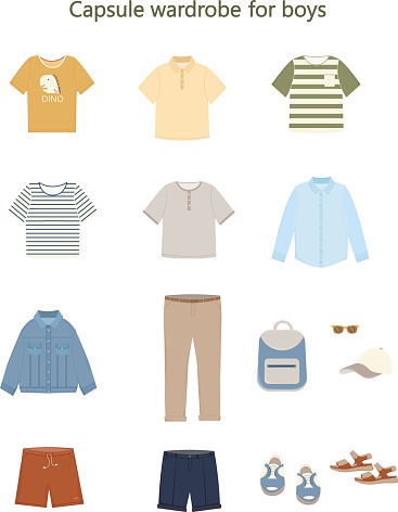 Basic capsule wardrobe for boy, teenager, man. Essential Boy's Clothes. Shirt, t shirt, trosers, jacket, shooes, cap, sunglasses. Set of fashion modern clothes. Vector illlustration.