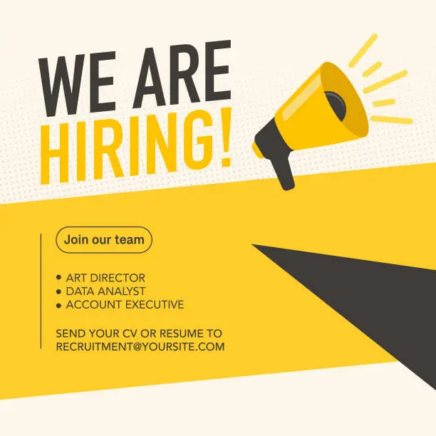 Vector illustration of We are hiring banner template with megaphone, open recruitment advertising