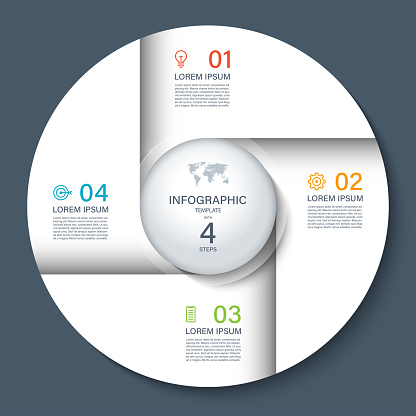 Vector infographic circle. Cycle diagram with 4 steps. Round chart that can be used for report, business analytics, data visualization and presentation. White template on dark background.