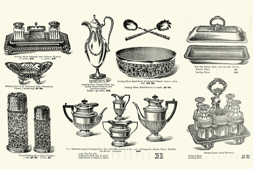 Vintage illustration Examples of late Victorian silverware, Inkstand, Claret jug, Salad bowl, Entree dish, Sugar Dredger, Tea and coffee service, Cruet, 1890s