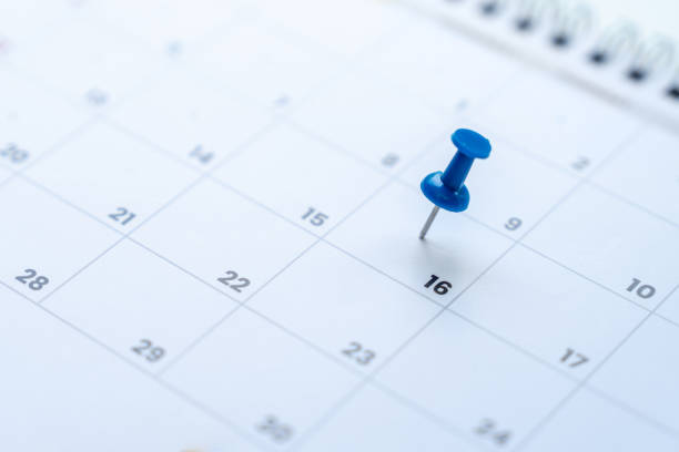 istock Deadline concept with push pin on calendar date, Clos-up 1500021588