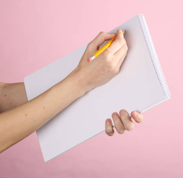 istock Female hands draws with pencil in empty white sketchbook on pink background 1500021989