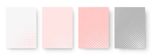 Vector illustration of A set of paper layouts in pastel colors with a halftone pattern on a white background.