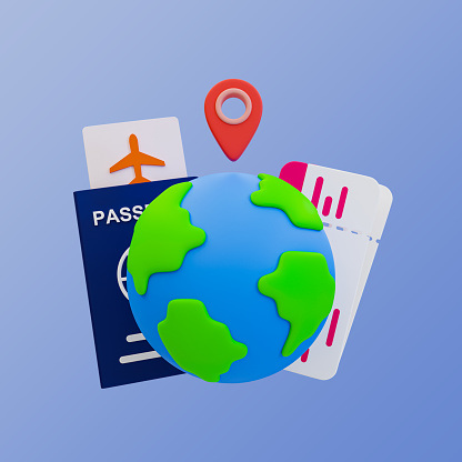 3d minimal marked location. trip destination. vacation time. international traveling. globe with passport, flight ticket, and location icon. 3d rendering illustration. clipping path included.
