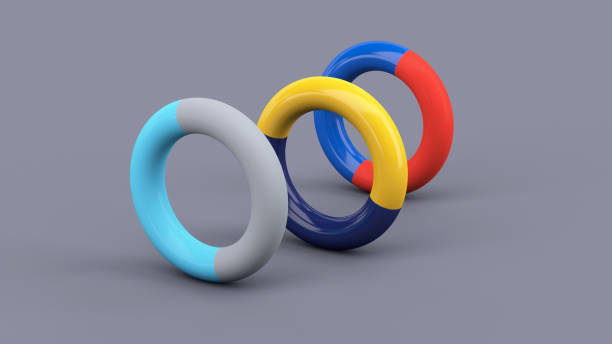 istock Three colorful circle shapes. Gray background. Abstract illustration, 3d render. 1500023717