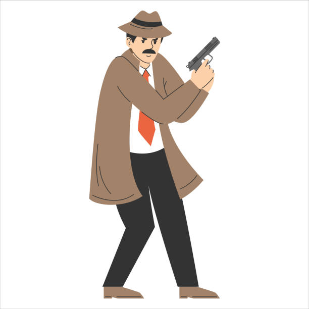ilustraciones, imágenes clip art, dibujos animados e iconos de stock de detective privado con un vector de arma aislado. - spy gun men humor