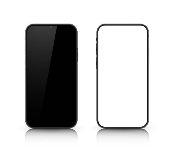 istock Two mock-ups of smartphones with a black and white screen. Realistic 3D mobile phones with shadows and highlights on a gray background. 1500024335