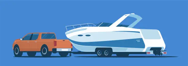 Vector illustration of Pickup truck transports a boat on a trailer