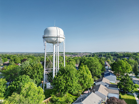 Aerial view of a white water tower