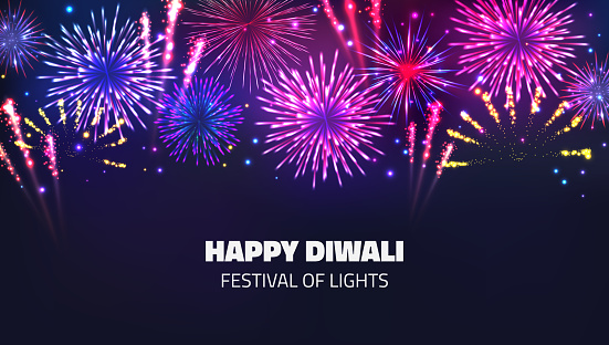 Fireworks background, happy diwali festive crackers and petards. Deepavali header or holiday card, indian greeting wallpaper. Different colors in night. Abstract carnival sky. Vector banner template