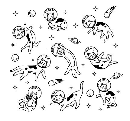 Space Astronaut Cute Cat Sign Black Thin Line Set Different Poses. Vector illustration of Kitten Cosmonaut