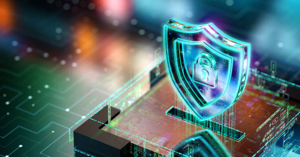 Cyber security and safety concept. Digital protection from viruses and malware. Modern futuristic technology background. 3D render