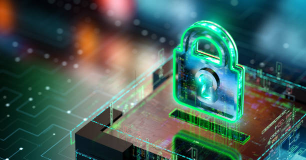 istock Trends and Innovations of Internet Safety. Security Evolution. Futuristic lock with neon lights over CPU. CGI 3D render 1500028037